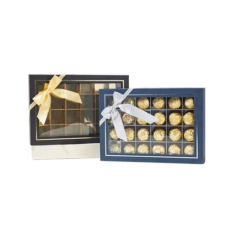 Caja de embalaje de chocolate de cartón con ventana transparente y lazo de cinta