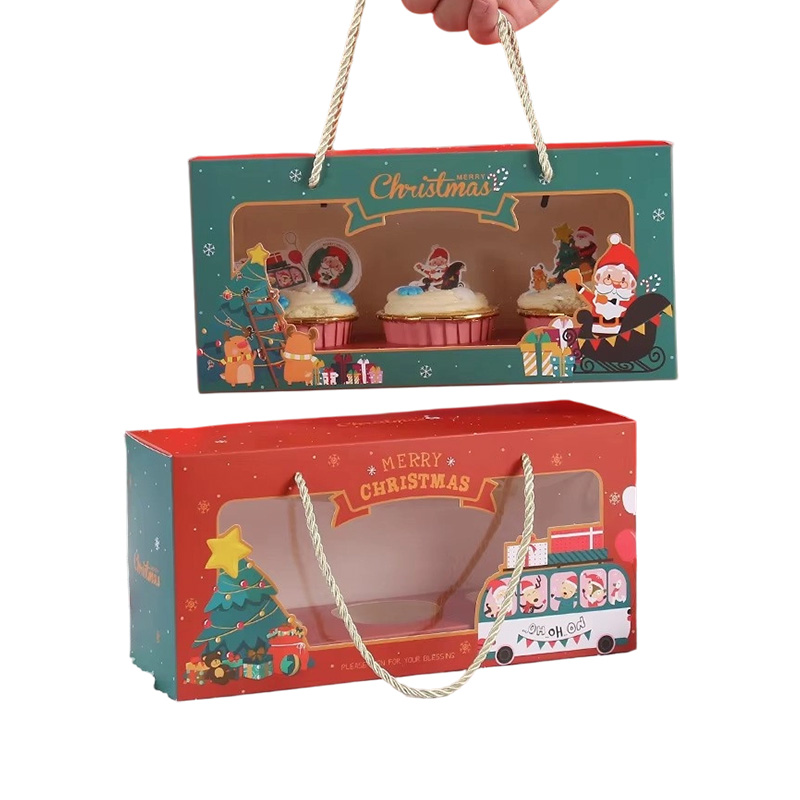 Caja de regalo de papel para cupcakes navideños con placa divisoria y ventana transparente
