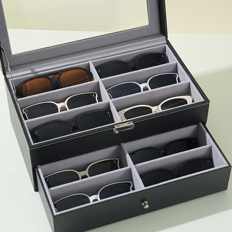 Cajón expositor de gafas de sol con cerradura de cuero de 12 unidades