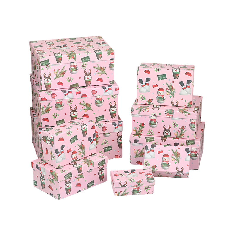 Juego de cajas de regalo estampadas navideñas con tapas para regalos
