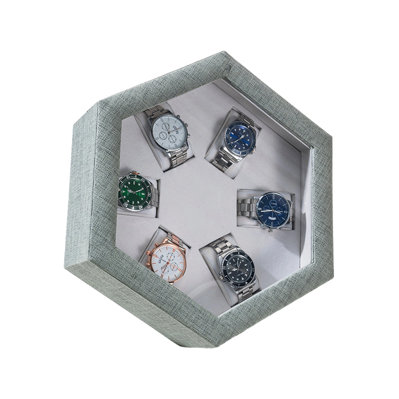Caja de almacenamiento de reloj hexagonal con ventana transparente de 6 ranuras