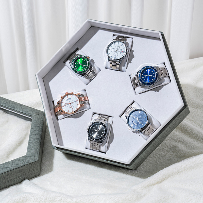 Caja de almacenamiento de reloj hexagonal con ventana transparente de 6 ranuras