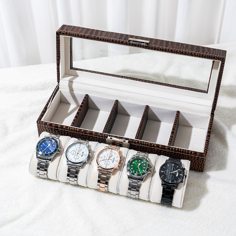 Organizador de almacenamiento de relojes de cuero con estampado de caimán y tapa de vidrio