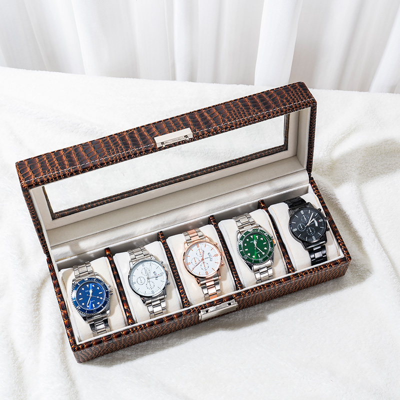 Organizador de almacenamiento de relojes de cuero con estampado de caimán y tapa de vidrio