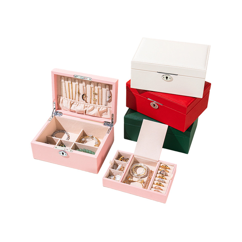 Caja de joyería multifuncional de cuero PU de doble capa