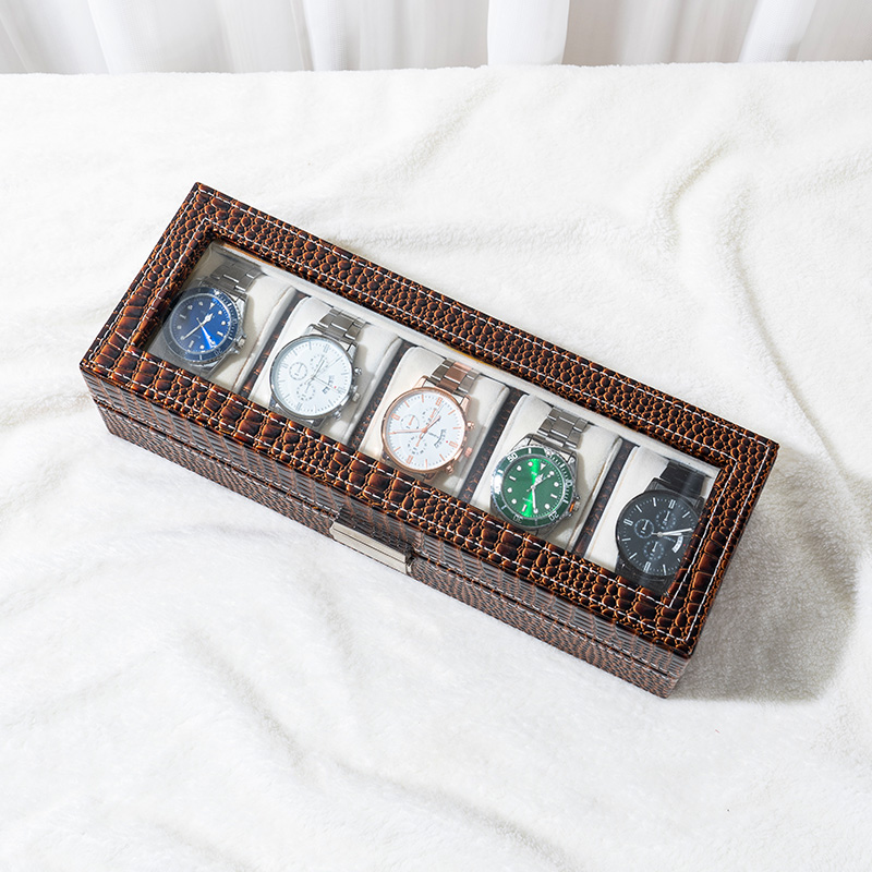 Organizador de almacenamiento de relojes de cuero con estampado de caimán y tapa de vidrio