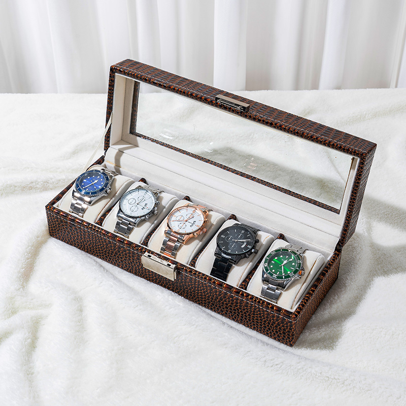 Organizador de almacenamiento de relojes de cuero con estampado de caimán y tapa de vidrio