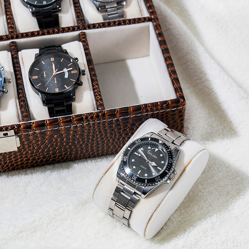 Organizador de almacenamiento de relojes de cuero con estampado de caimán y tapa de vidrio