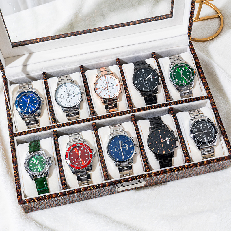 Organizador de almacenamiento de relojes de cuero con estampado de caimán y tapa de vidrio