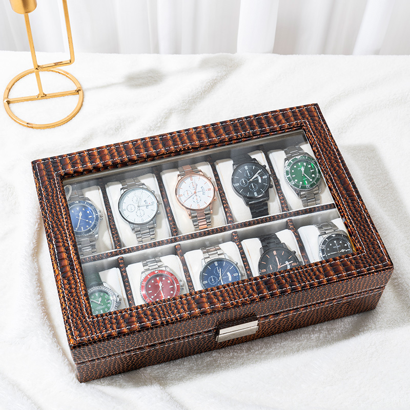 Organizador de almacenamiento de relojes de cuero con estampado de caimán y tapa de vidrio