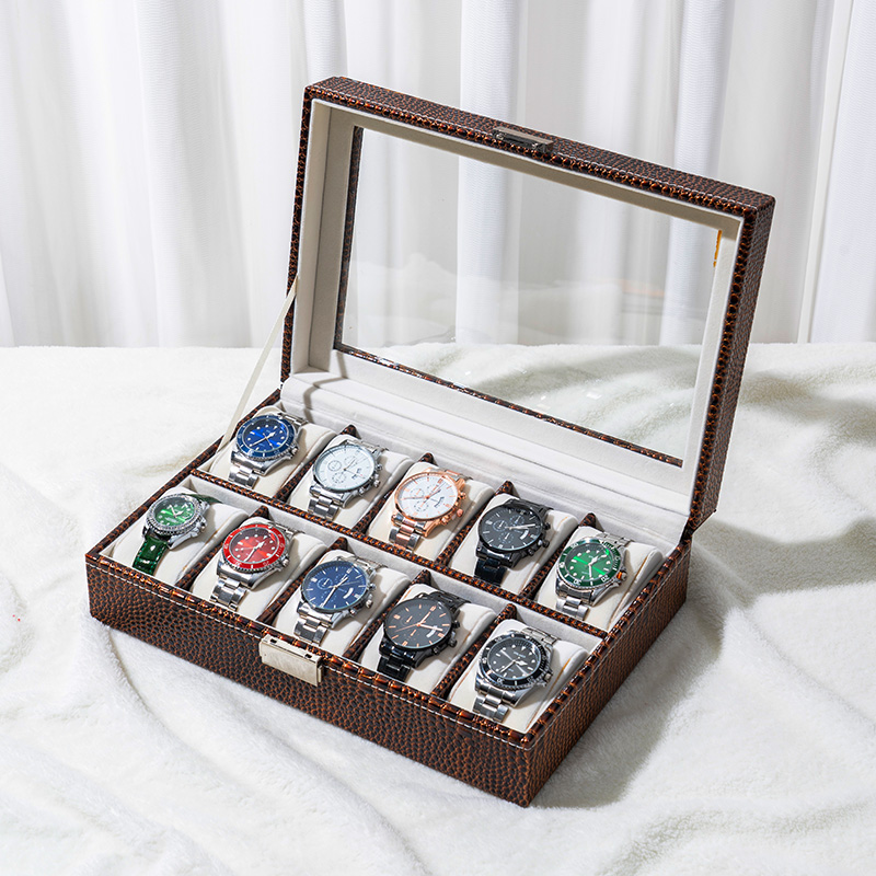 Organizador de almacenamiento de relojes de cuero con estampado de caimán y tapa de vidrio