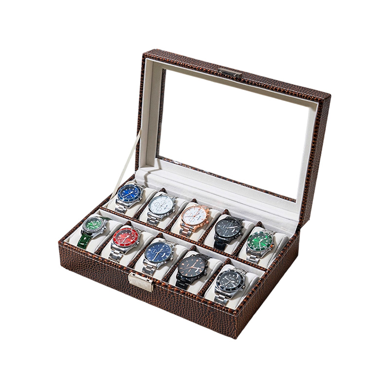 Organizador de almacenamiento de relojes de cuero con estampado de caimán y tapa de vidrio