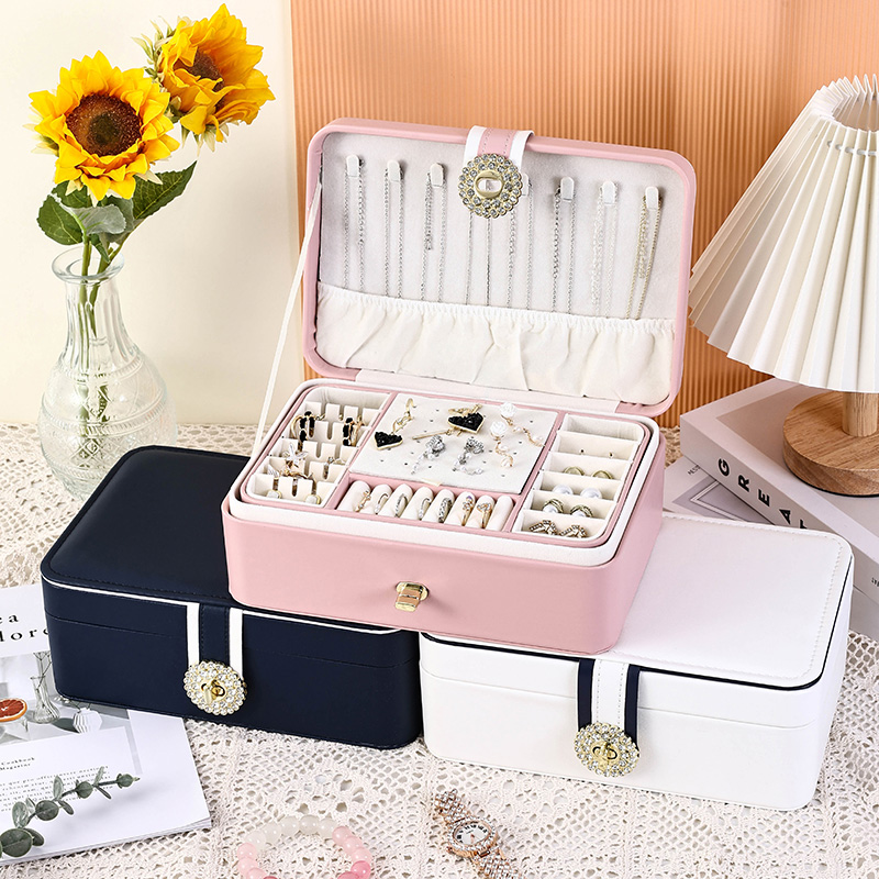 Caja de joyería de cuero PU de 2 capas con cerradura de diamante
