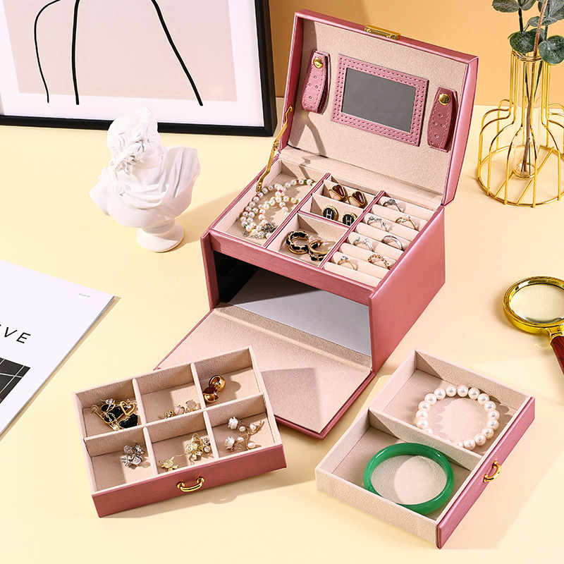 Estuche grande de almacenamiento de joyas de cuero PU de 3 capas con espejo y asa