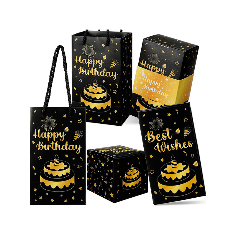 Cajas de regalo sorpresa con explosión plegables de cumpleaños en oro negro