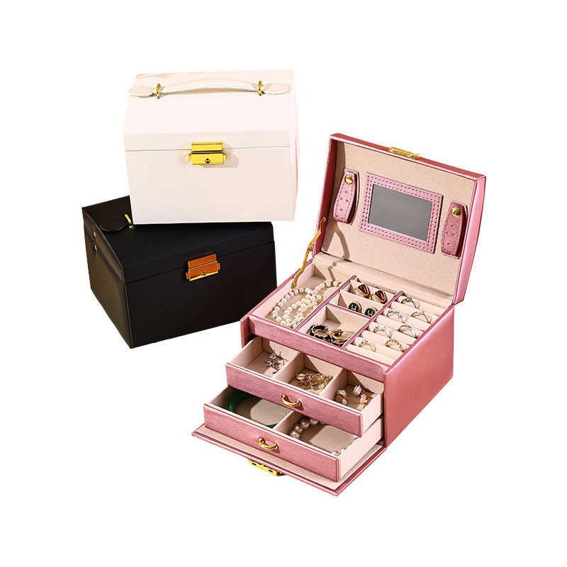 Estuche grande de almacenamiento de joyas de cuero PU de 3 capas con espejo y asa