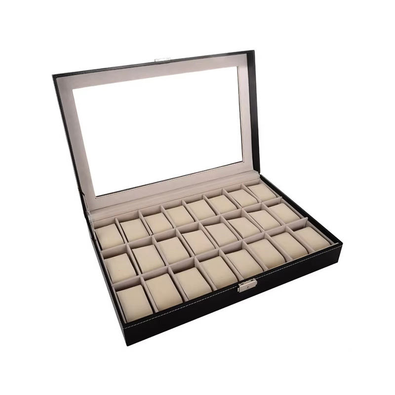 Estuche de almacenamiento para relojes con cerradura de cuero PU y tapa de vidrio