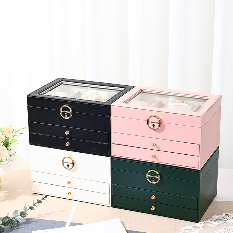 Caja de joyería de lujo de 3 capas, caja de almacenamiento de escritorio para mujer
