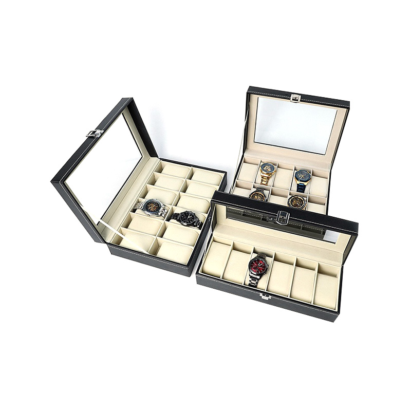 Estuche de almacenamiento para relojes con cerradura de cuero PU y tapa de vidrio