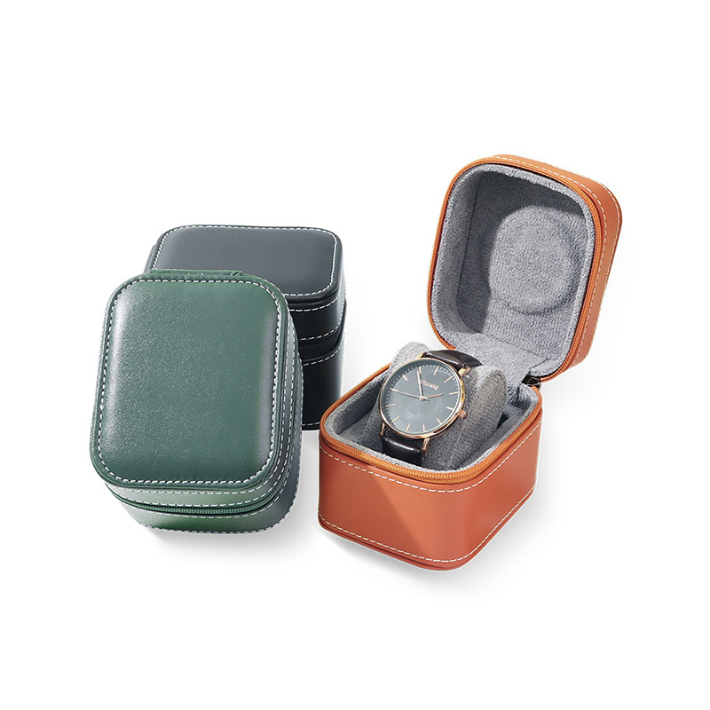 Caja de reloj portátil con cremallera individual y tapa abatible de cuero PU