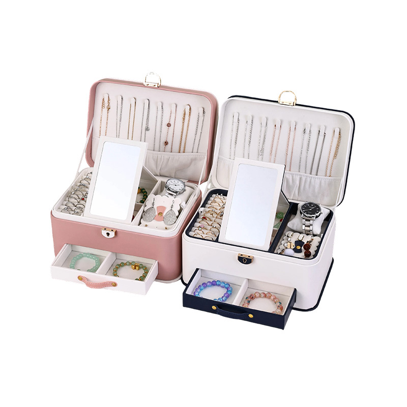 Estuche de almacenamiento de joyas de PU de terciopelo de 2 capas con cajones y espejo