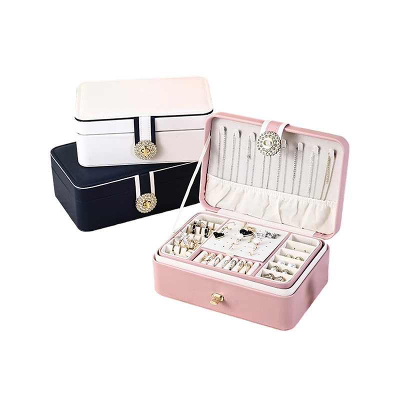 Caja de joyería de cuero PU de 2 capas con cerradura de diamante