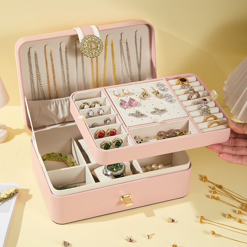 Caja de joyería de cuero PU de 2 capas con cerradura de diamante