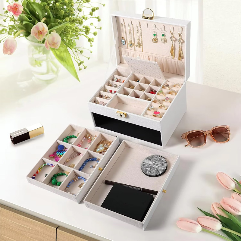 Caja de Joyería de Lujo de Tres Niveles para Almacenamiento de Escritorio para Mujer