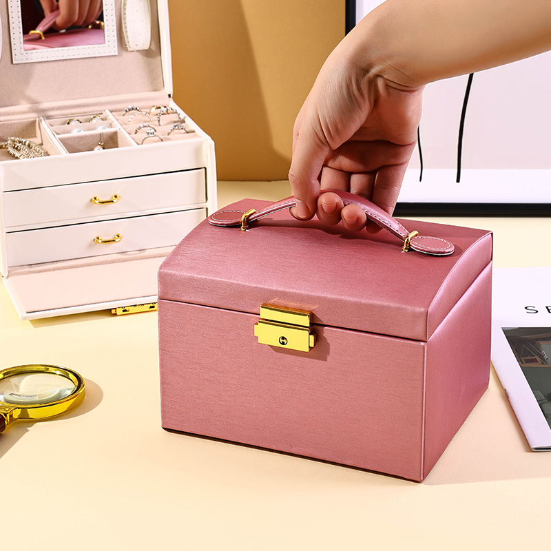 Estuche Grande de Almacenamiento para Joyería de Cuero PU de Tres Niveles con Espejo y Asa