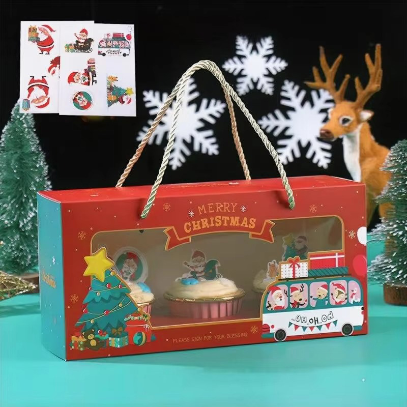 Caja de Regalo Navideña para Cupcakes de Papel con Separadores y Ventana Transparente