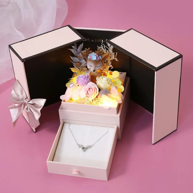 Caja de Regalo Creativa para Joyería con Rosa y Apertura Doble para Anillos, Pendientes y Collares
