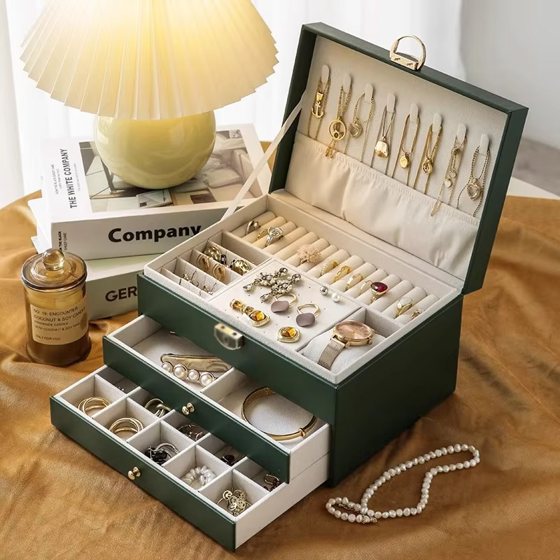 Caja de Joyería de Lujo de Tres Niveles para Almacenamiento de Escritorio para Mujer