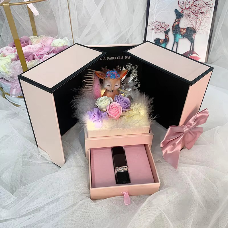 Caja de Regalo Creativa para Joyería con Rosa y Apertura Doble para Anillos, Pendientes y Collares