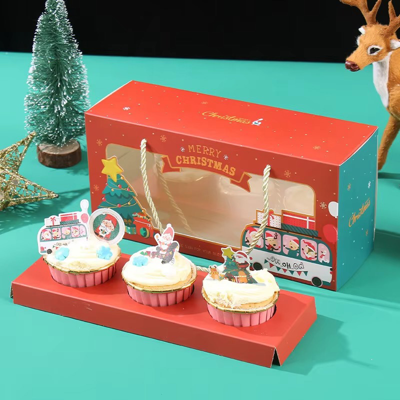 Caja de Regalo Navideña para Cupcakes de Papel con Separadores y Ventana Transparente
