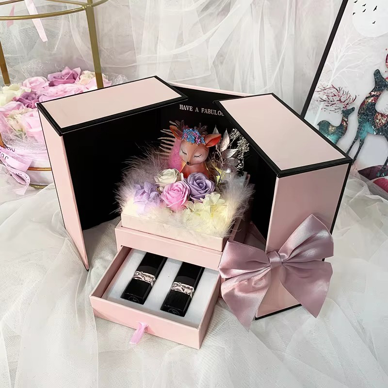 Caja de Regalo Creativa para Joyería con Rosa y Apertura Doble para Anillos, Pendientes y Collares