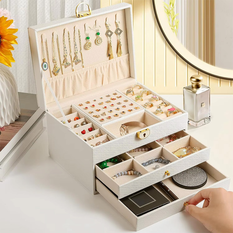 Caja de Joyería de Lujo de Tres Niveles para Almacenamiento de Escritorio para Mujer