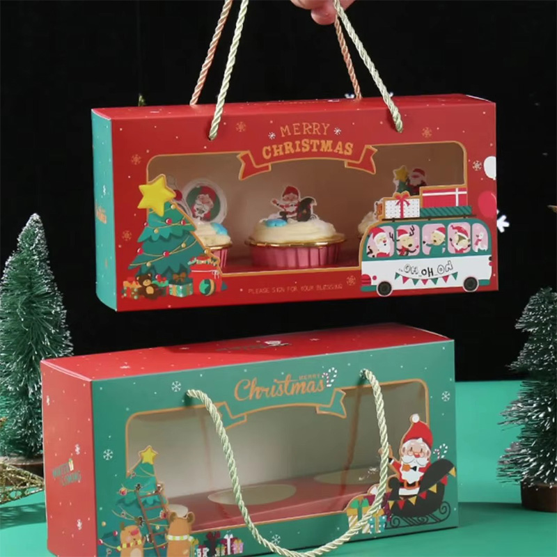 Caja de Regalo Navideña para Cupcakes de Papel con Separadores y Ventana Transparente