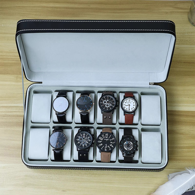 Organizador de Relojes de Cuero PU Negro con 6, 10 o 12 Compartimentos