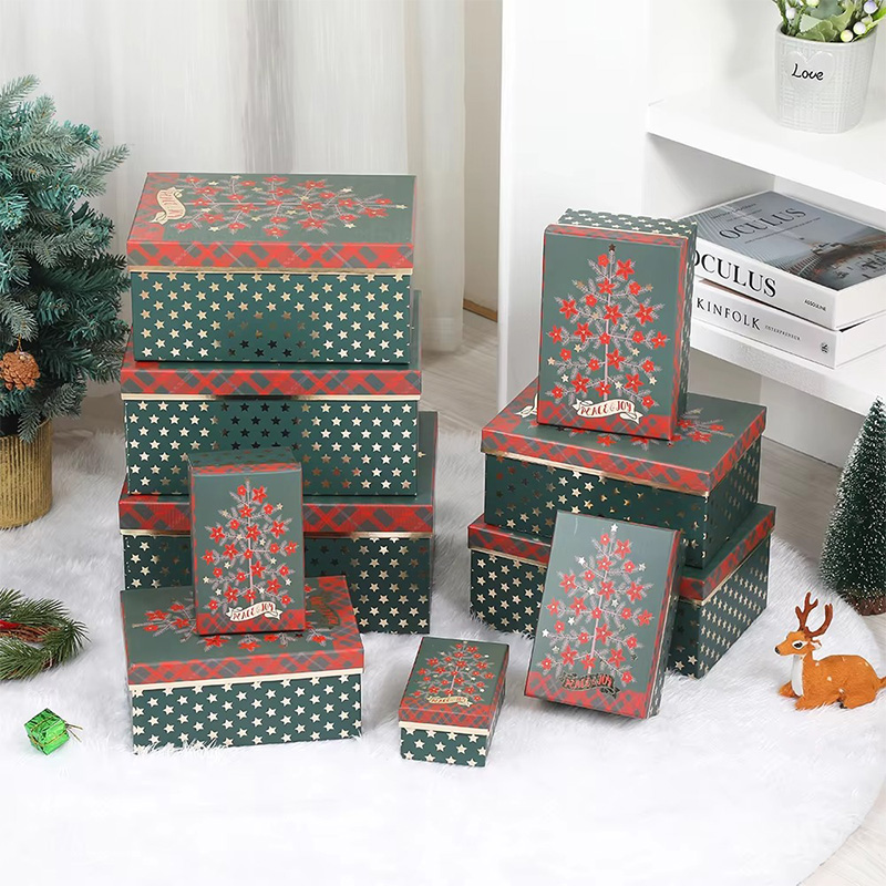 Juego de Cajas de Regalo Navideñas Estampadas con Tapa