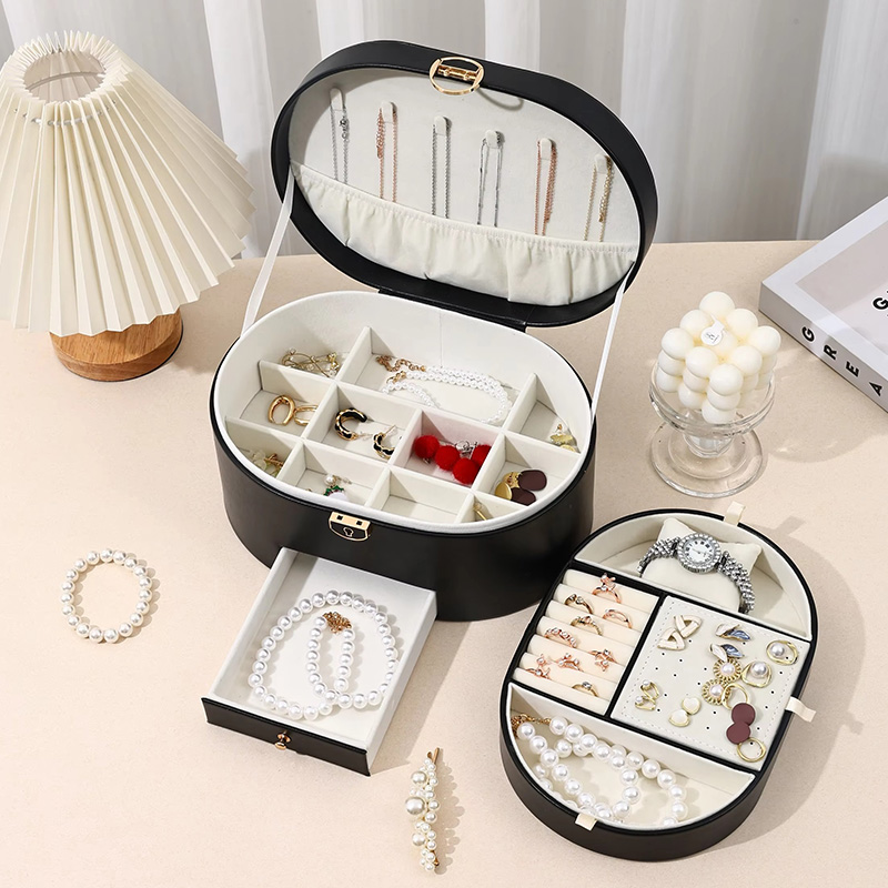 Estuche Organizador de Joyería Ovalado de Tres Niveles con Cajones Extraíbles