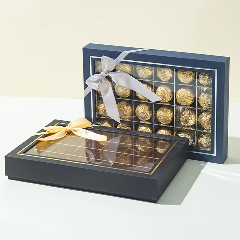 Caja de Embalaje de Cartón para Chocolates con Ventana Transparente y Lazo de Cinta