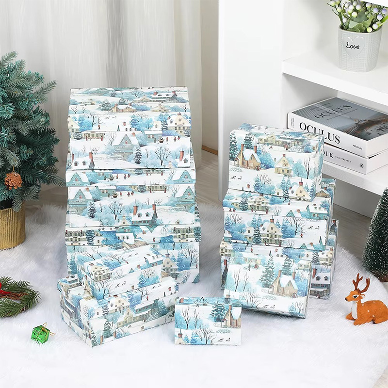 Juego de Cajas de Regalo Navideñas Estampadas con Tapa