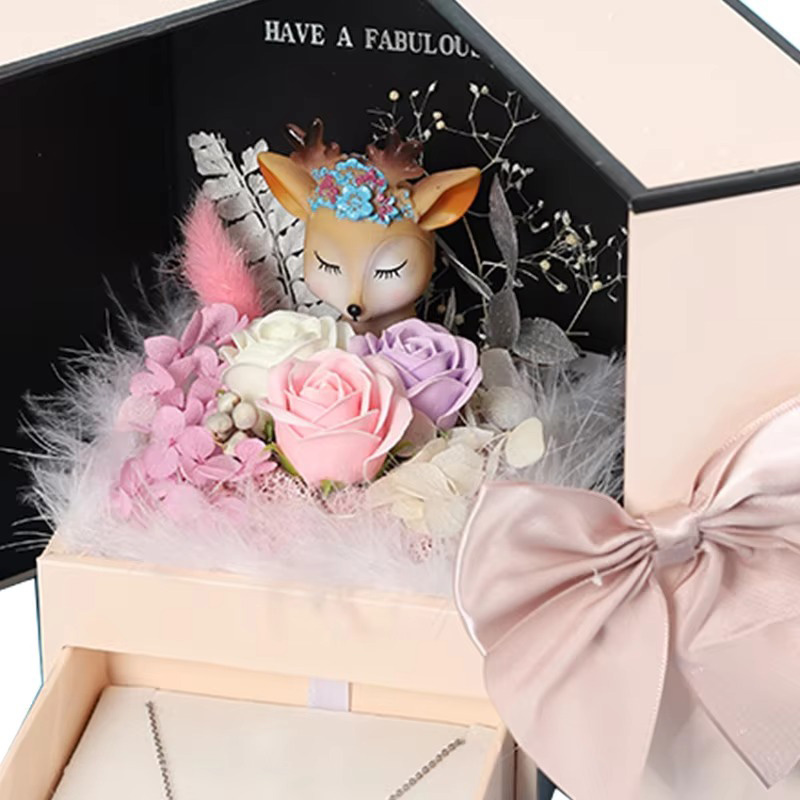 Caja de Regalo Creativa para Joyería con Rosa y Apertura Doble para Anillos, Pendientes y Collares
