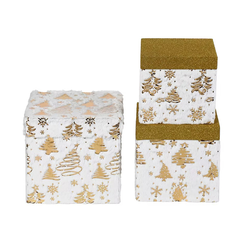 Cajas de Regalo Navideñas de Cartón Forradas con Tela de Felpa y Tapa con Copos de Nieve y Estrellas