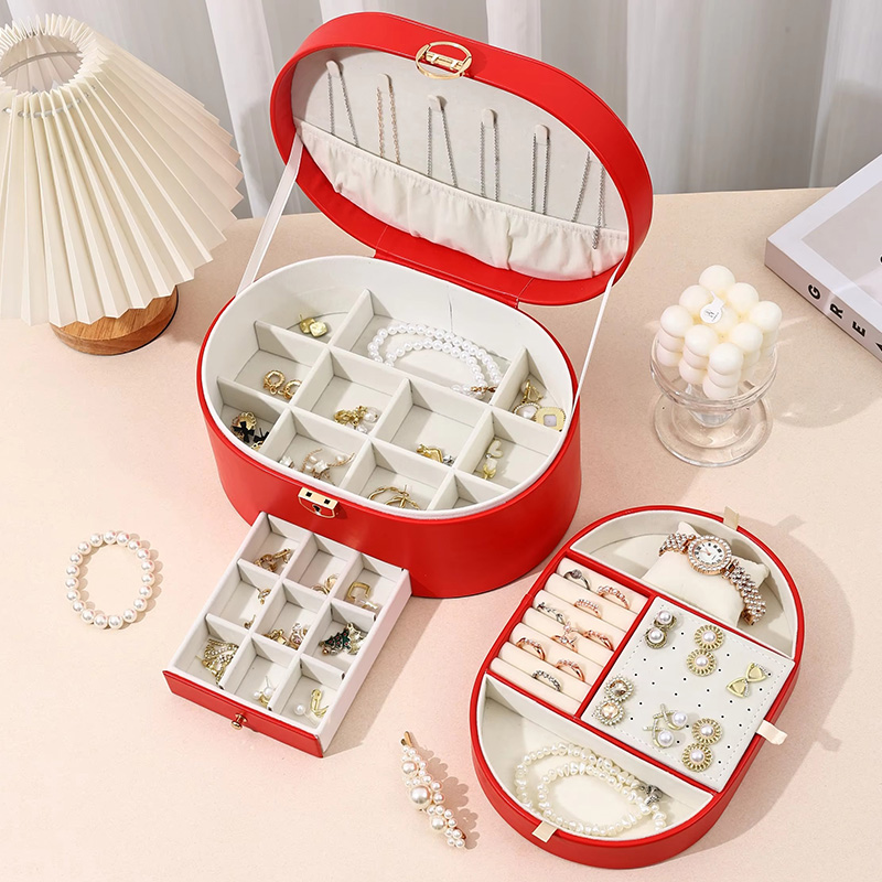 Estuche Organizador de Joyería Ovalado de Tres Niveles con Cajones Extraíbles