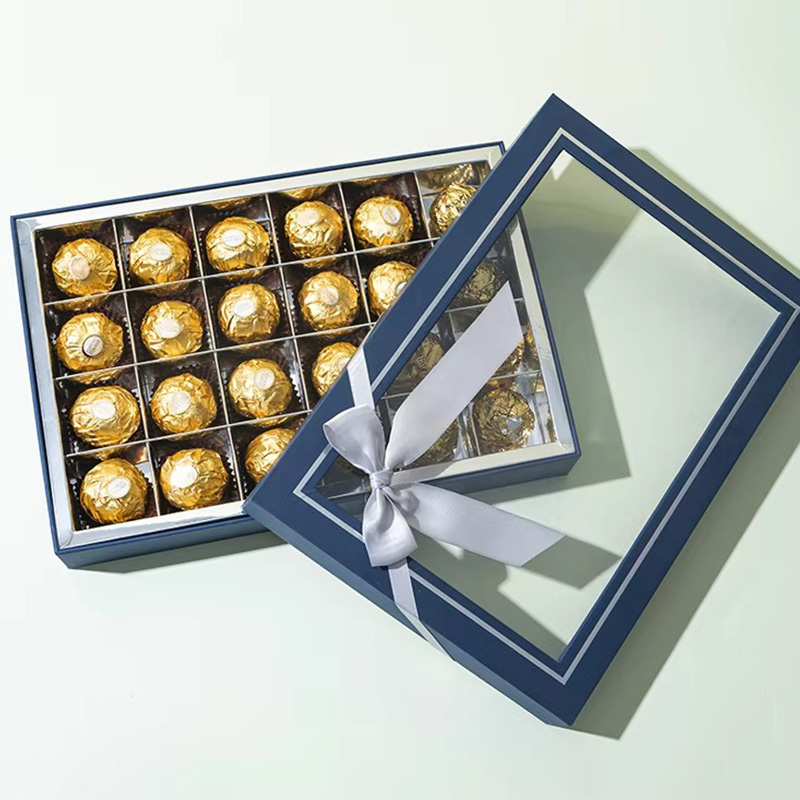 Caja de Embalaje de Cartón para Chocolates con Ventana Transparente y Lazo de Cinta