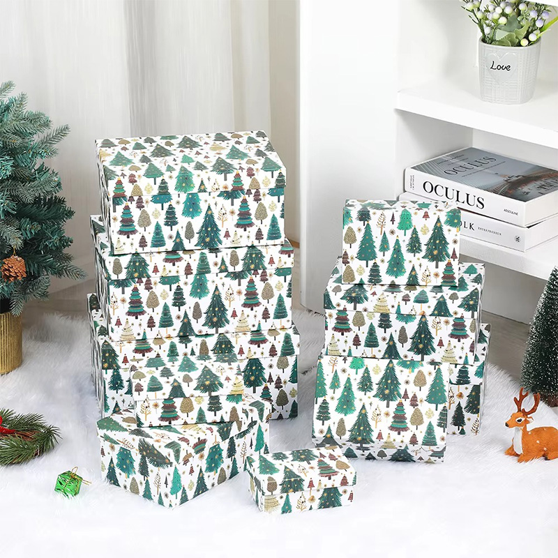 Juego de Cajas de Regalo Navideñas Estampadas con Tapa