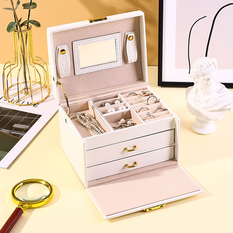 Estuche Grande de Almacenamiento para Joyería de Cuero PU de Tres Niveles con Espejo y Asa