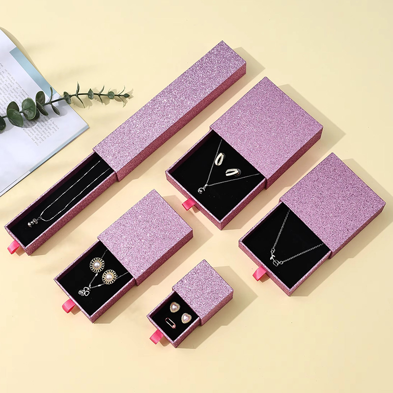 Caja de Regalo para Joyería Tipo Cajón de Papel Artístico Rígido con Acabado de Purpurina de Lujo