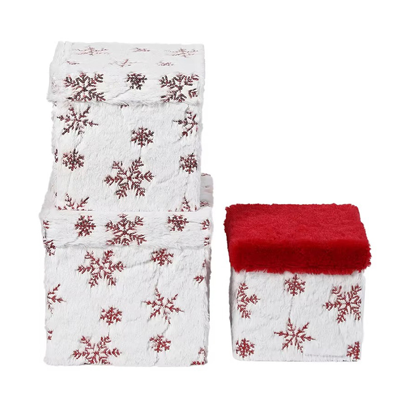 Cajas de Regalo Navideñas de Cartón Forradas con Tela de Felpa y Tapa con Copos de Nieve y Estrellas